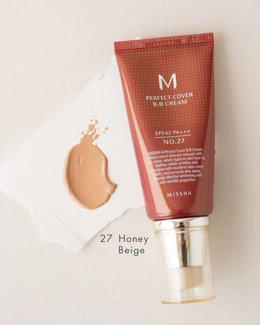 Missha M Perfect Cover BB Cream shade 27 for seamless coverage.