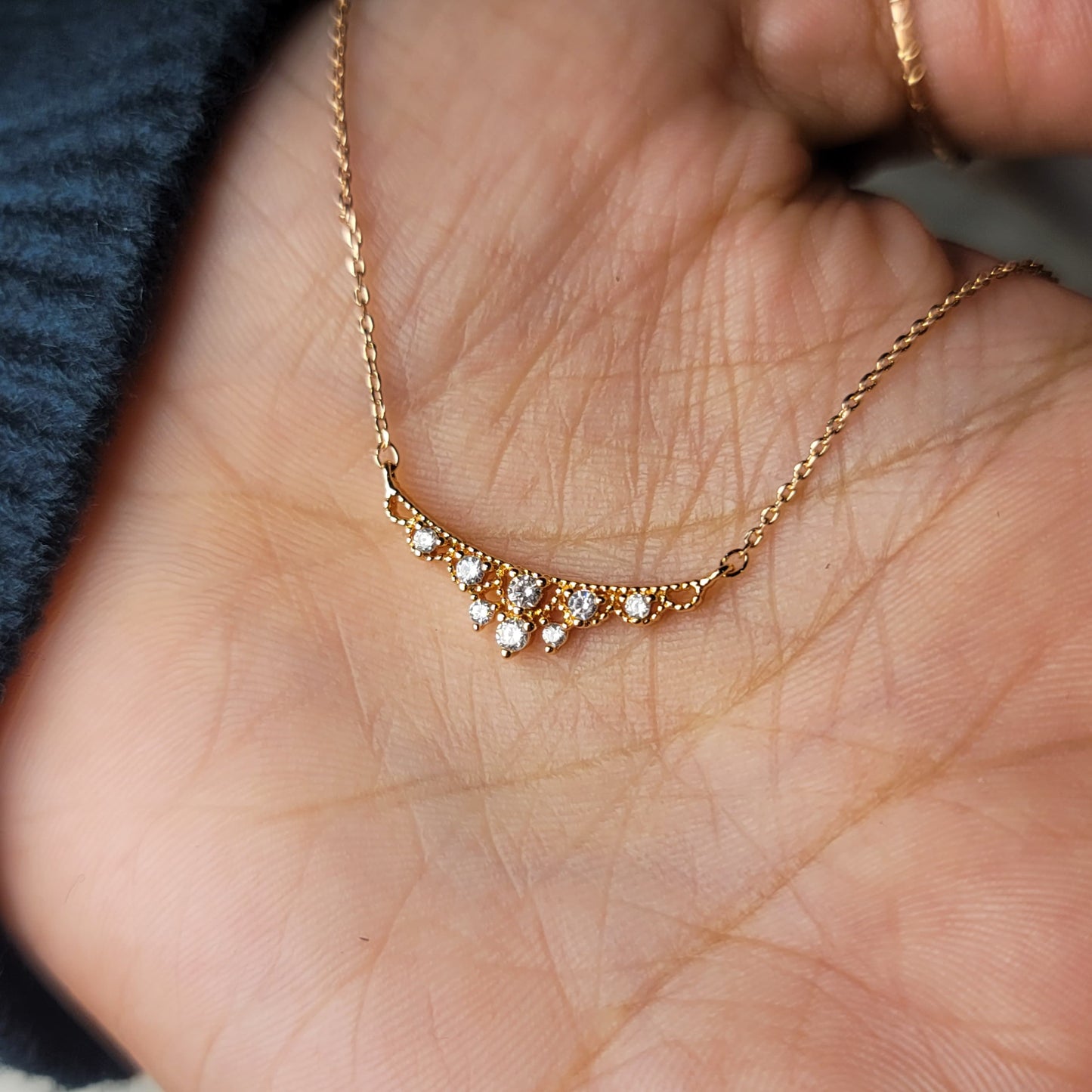 Delicate Curved Crystal Necklace - Gold