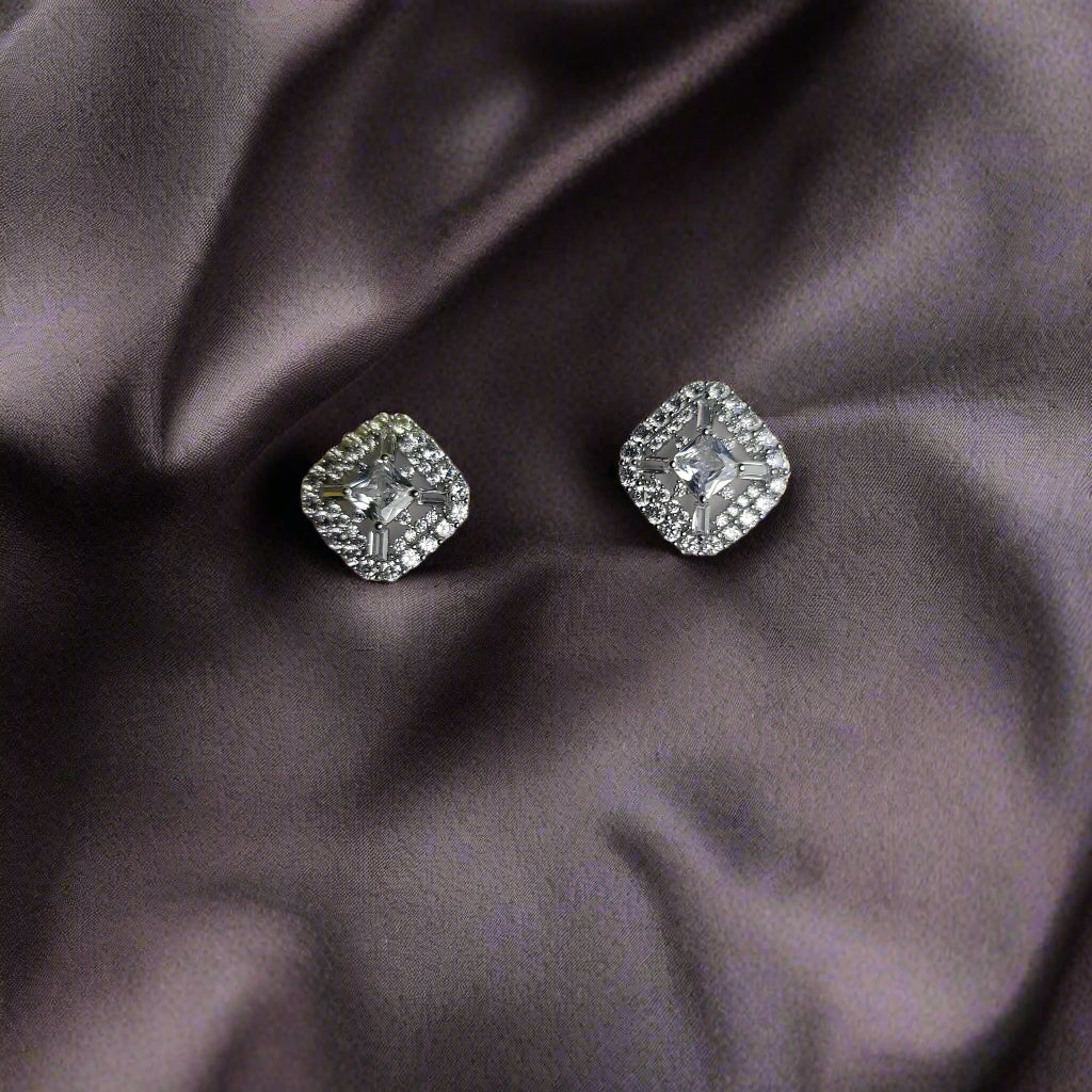 Square Halo Stud Earrings - Silver