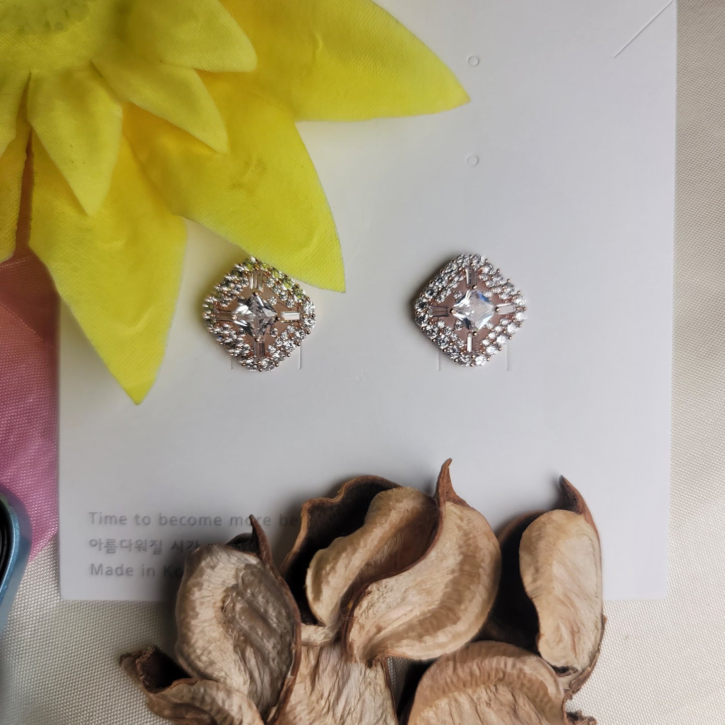 Square Halo Stud Earrings - Rose Gold