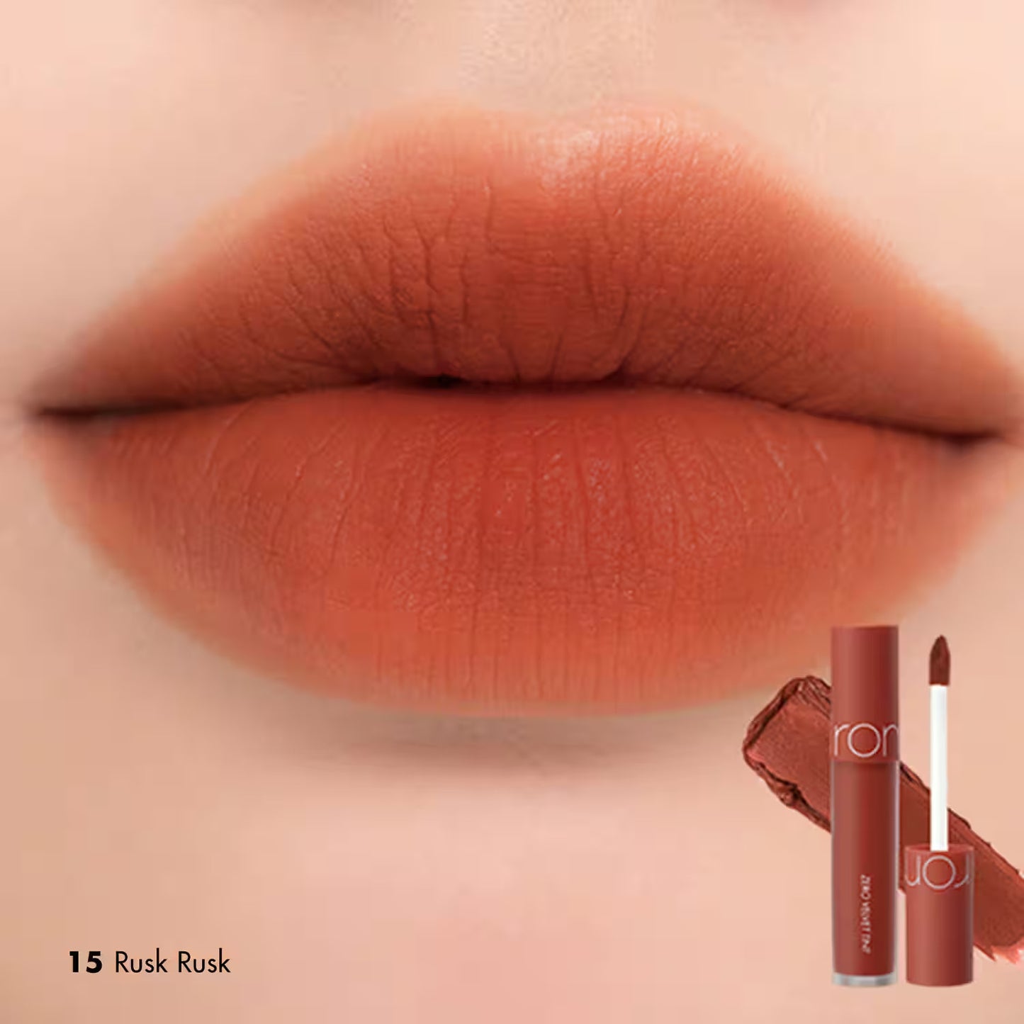Lips wearing Rom&nd Zero Velvet Tint 15 Rusk Rusk – Soft blur finish lip tint from Korea