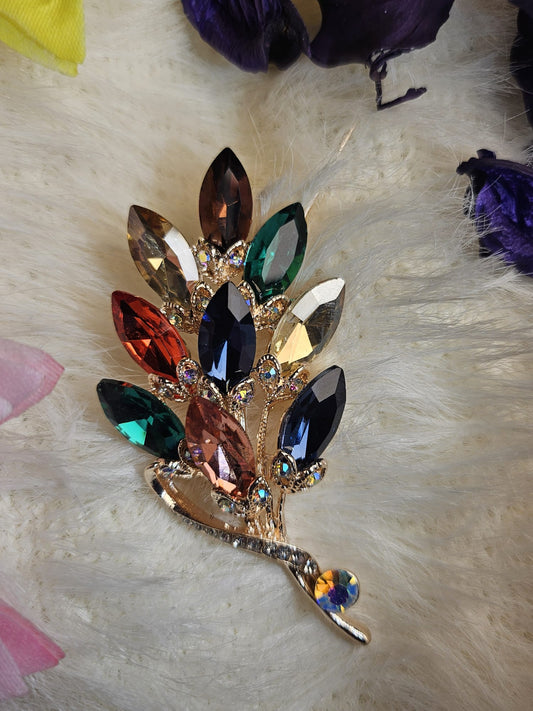 Multicolor Crystal Leaf Brooch