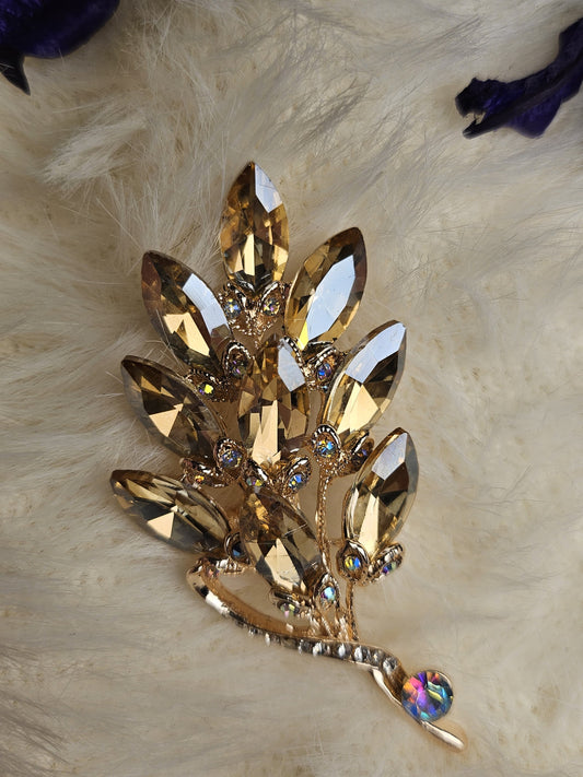 Golden Leaf Crystal Brooch