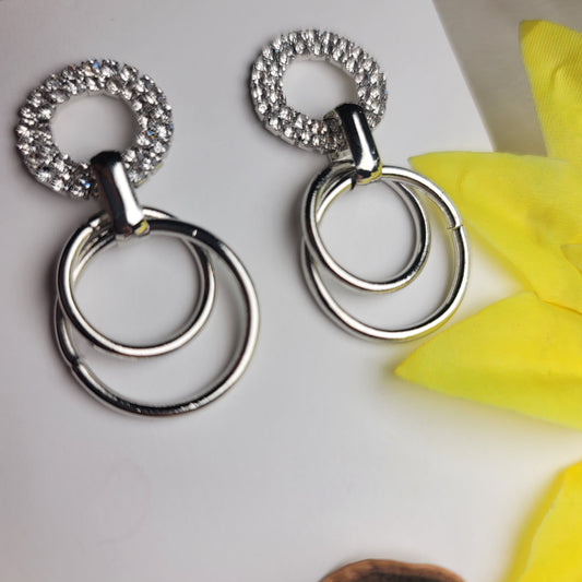 Double Circle Drop Earrings with Crystal Accents