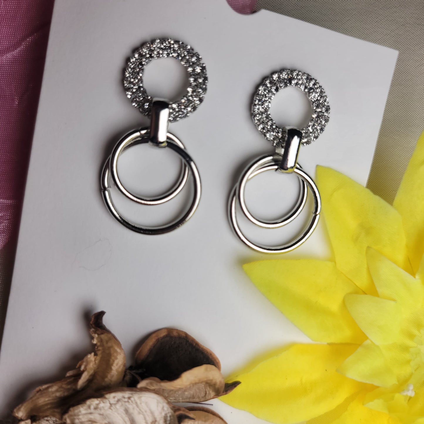 Double Circle Drop Earrings with Crystal Accents