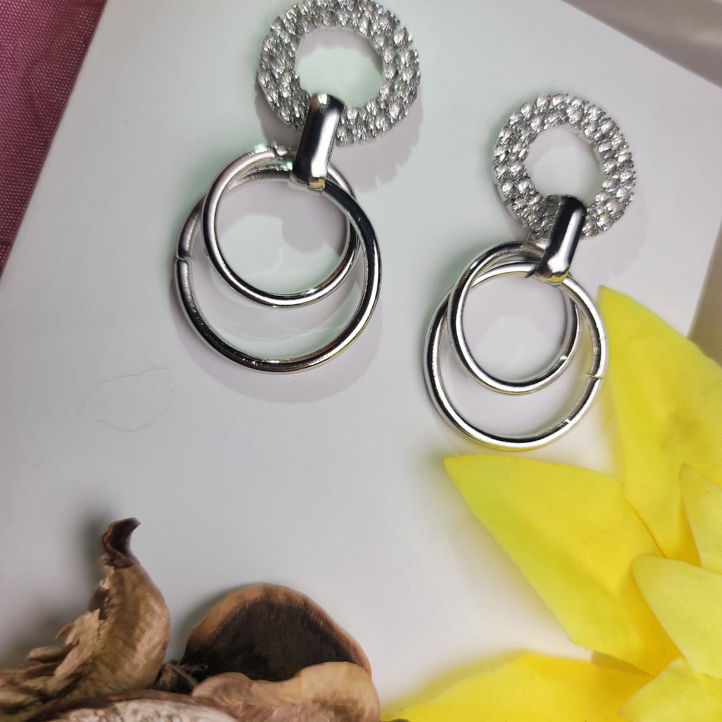 Double Circle Drop Earrings with Crystal Accents