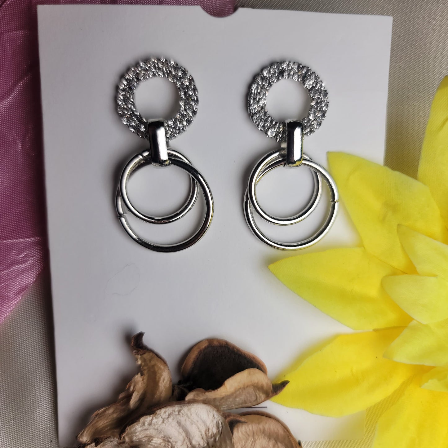 Double Circle Drop Earrings with Crystal Accents