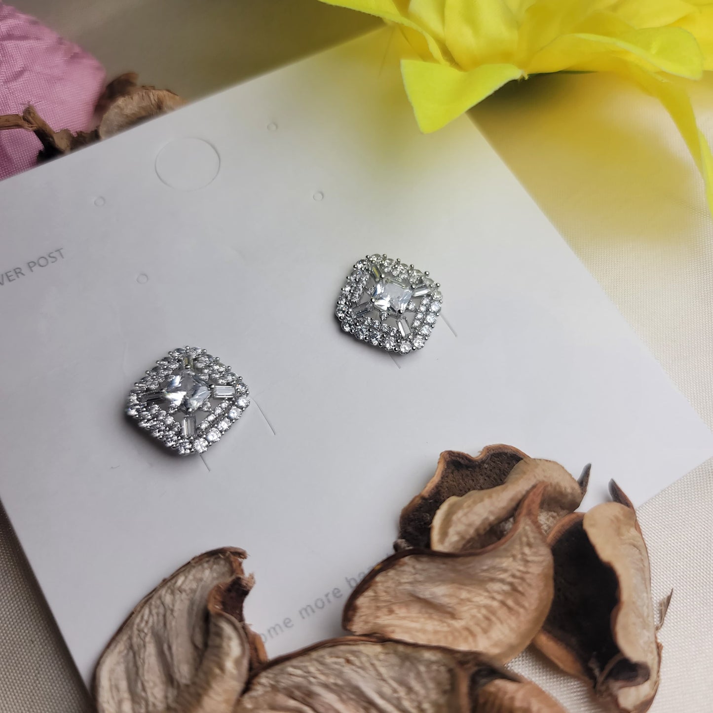 Square Halo Stud Earrings - Silver