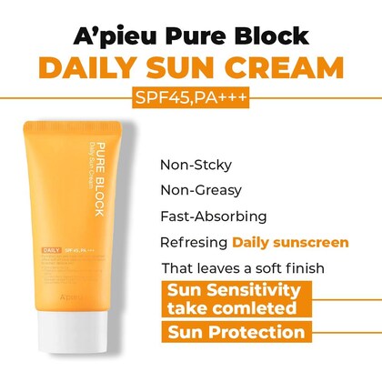 A'PIEU PURE BLOCK NATURAL DAILY SUN CREAM (100 ML) – SPF45/PA+++ UV Protection